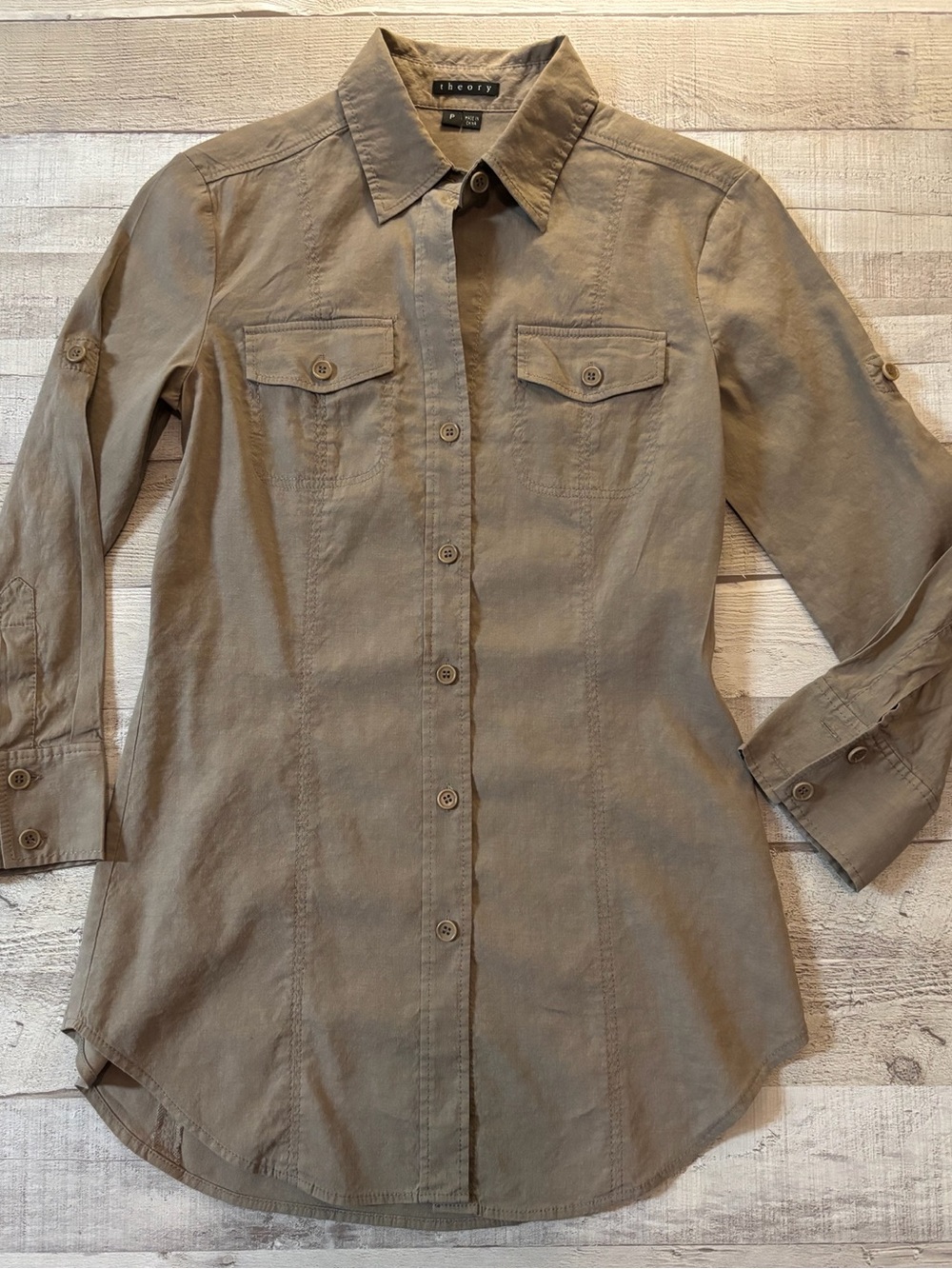 Theory Casual Button-Down Shirt in Khaki Green